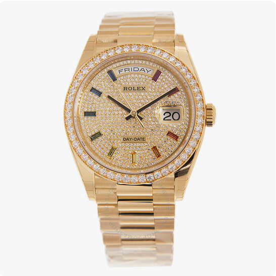 Rolex Day-Date 36mm Diamond Rainbow Dial 18kt Gold President Watch