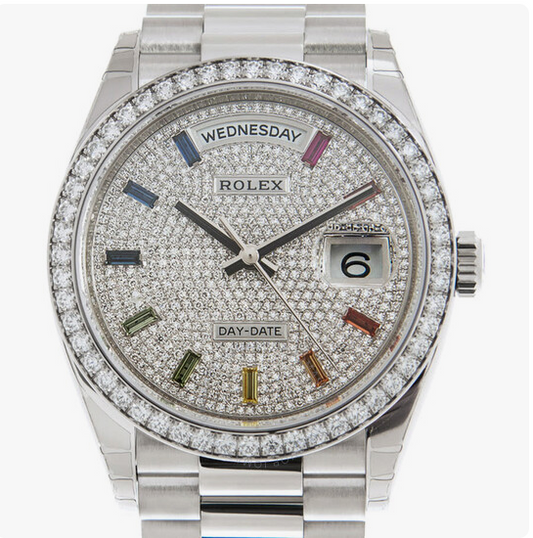 Rolex Day-Date 36mm Diamond Rainbow Dial 18kt White Gold President Watch